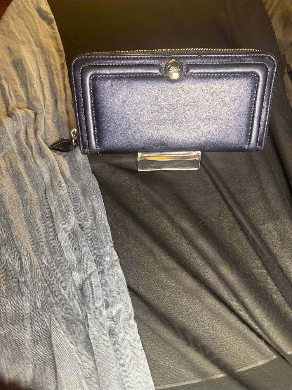 Coach Navy Blue Leather Zip Wallet with Silver accent
